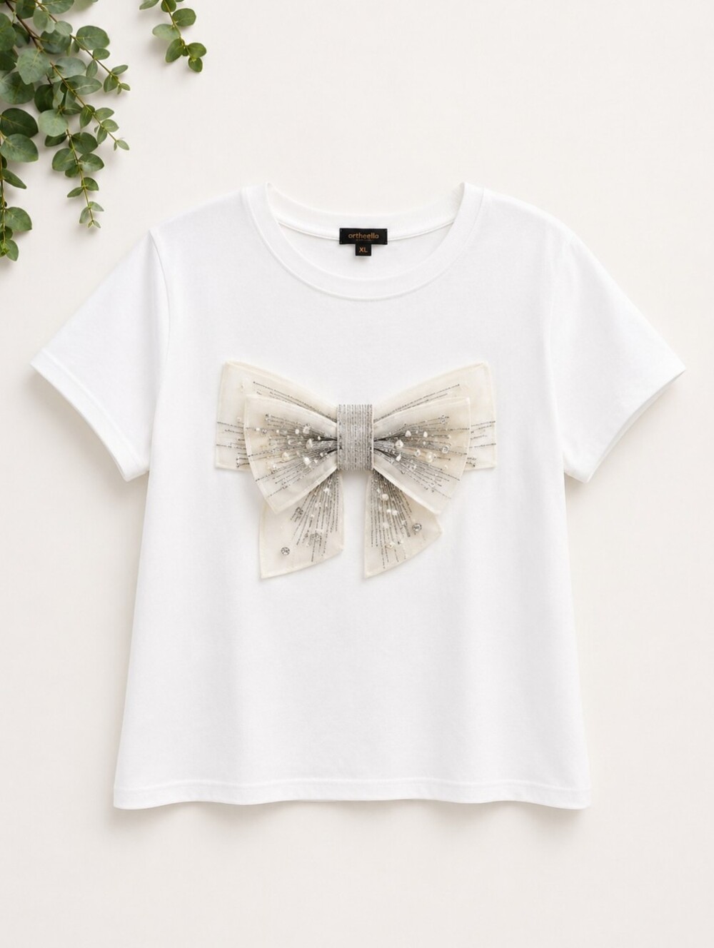 White Short Sleeve Tee with Embellished Silver Bow